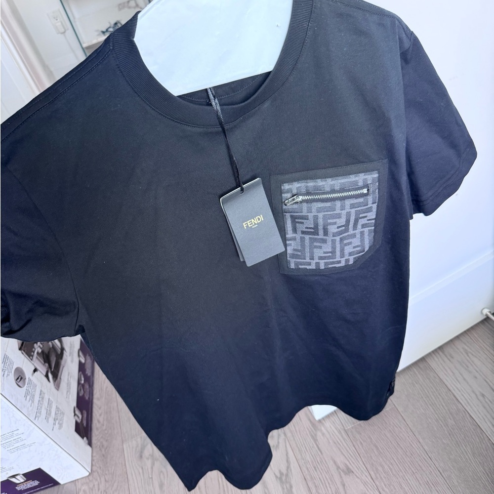 Fendi Black Short Sleeve Tee with FF Logo Zipper Pocket